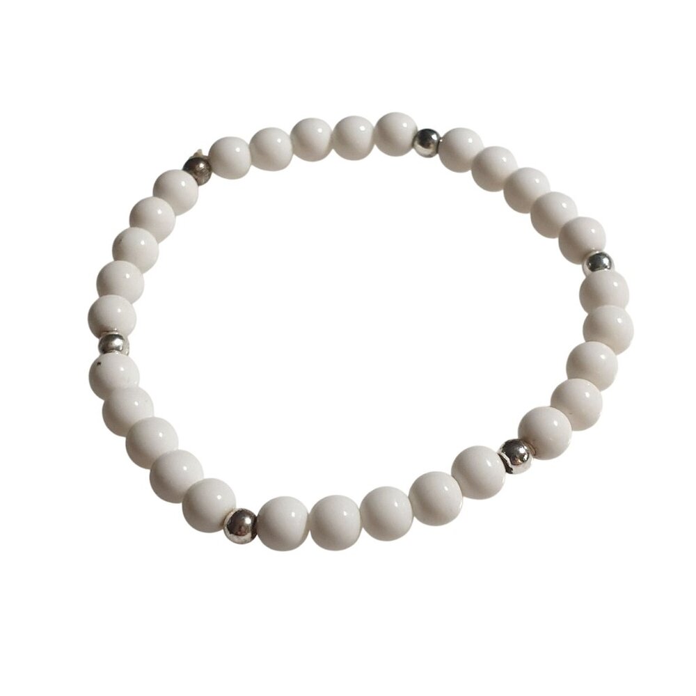 White Beaded Stretch Bracelet Silver Accents Fashion Jewelry Women Girls Gift